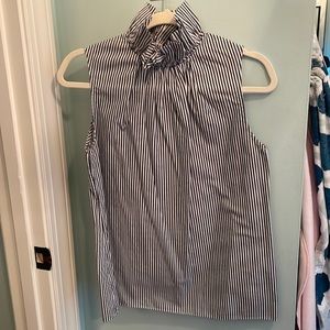 Banana Republic gray denim and white striped shirt with high collar.